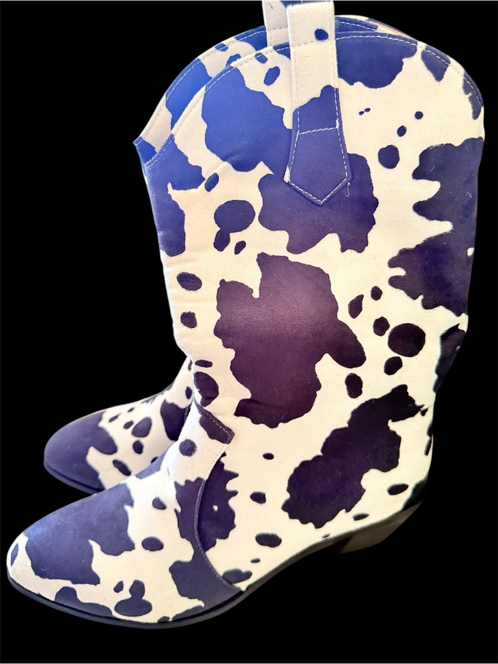 Cow-Print Lace-Up Western Boots for Women - Black and White